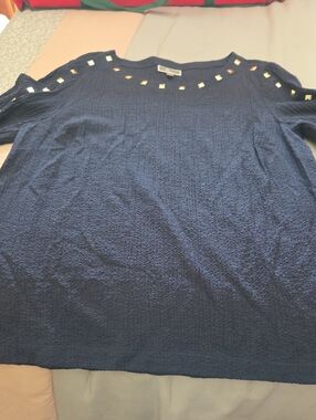 JM Collection Navy Textured Top with Gold Stud Accents